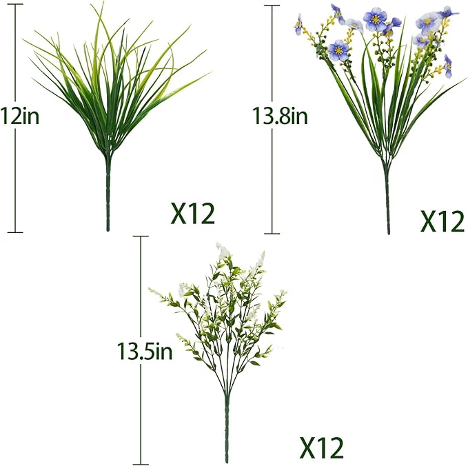 36pcs Faux Plants Outdoor, Uv Resistant Artificial Plants Outdoor Fake Flowers Plants Plastic Greenery Shrubs for Outside Window Box Garden Patio Porch Home Decor (Mixed Blue)