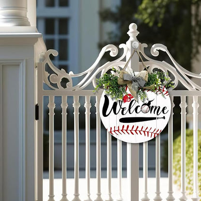 Baseball Door Sign Welcome to the Baseball Game Hanging Sign With Wreath And Bow Baseball Bat Ballfield Round Wooden Front Door Sign for All The Seasons Sport Farmhouse Decor 12x12 Inch