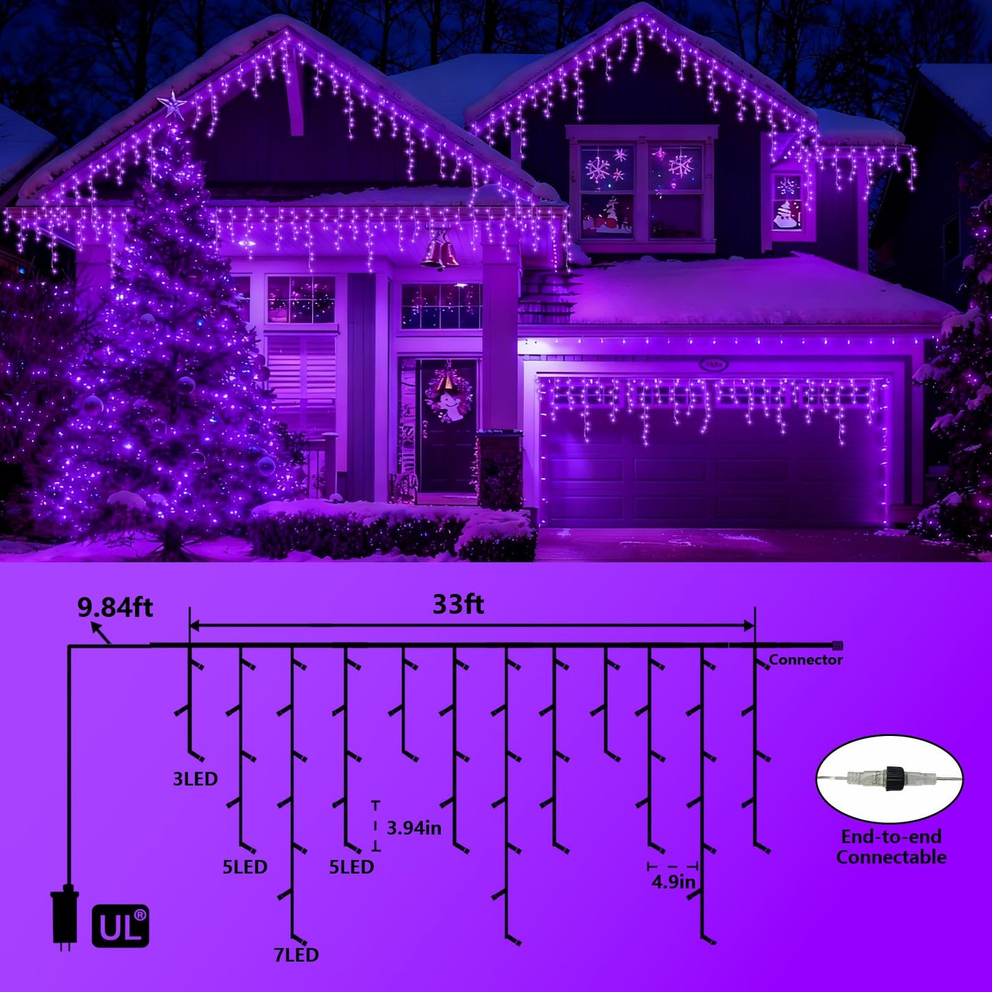 YEGUO 33ft 400 LED Purple Icicle Christmas Lights Outdoor Waterproof, 80 Drops Icicle Light Connectable, 8 Modes Christmas Lights Indoor with Memory Timer