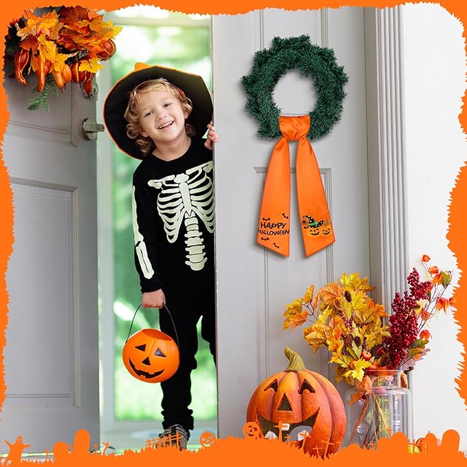 Wreath Sash for Front Door Wreath Satin Sash Blank Sashes Embroidery Monogram Yard Doorway Indoor Outdoor Wall Ribbon Bow Home Decor(Orange,Halloween Style)
