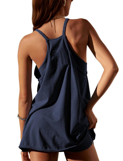 Lentta Womens Athletic Sleeveless Mini Dress with Built-in Shorts V Neck Spaghetti Strap Sundress(DarkBlue-XL)