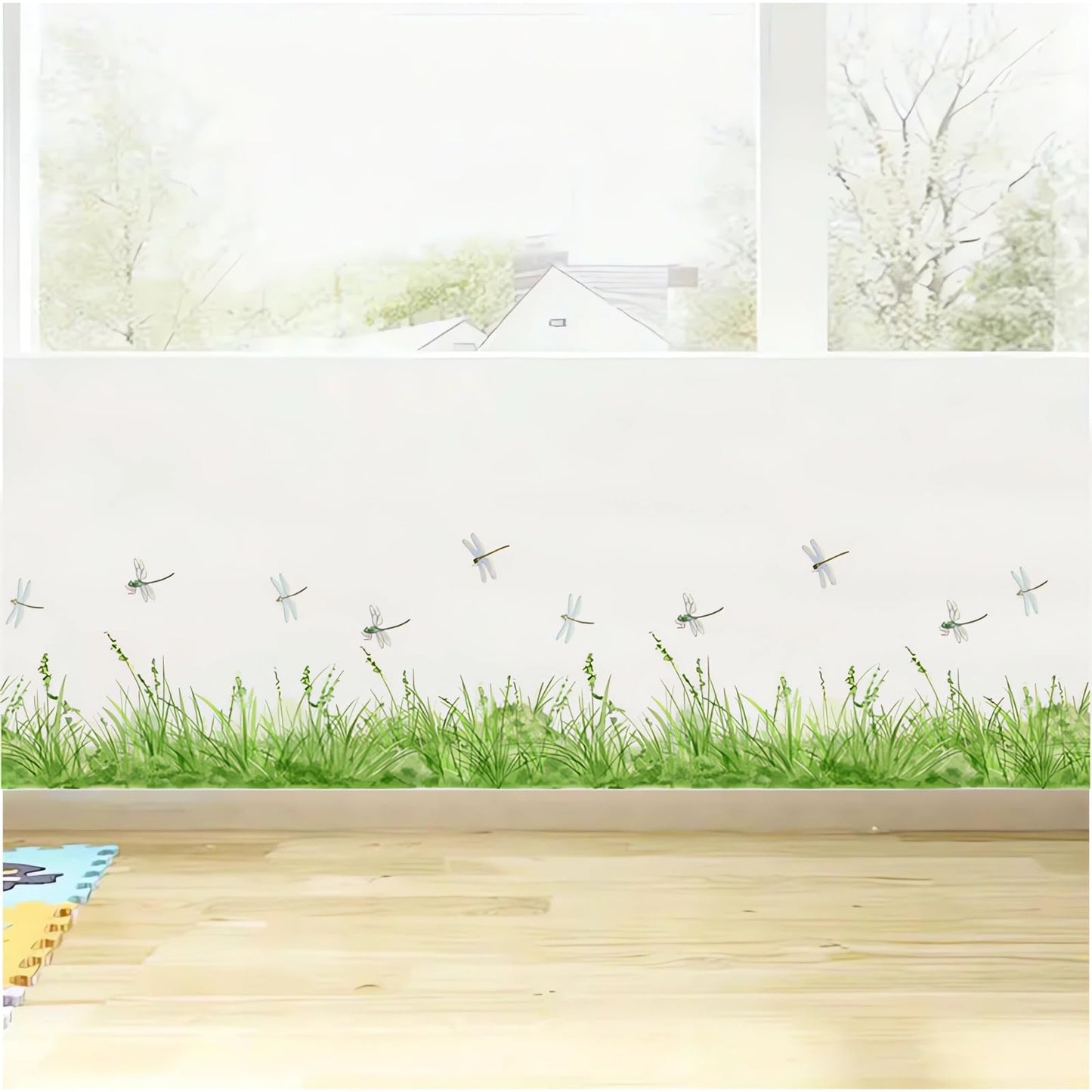sacinora Fresh Green Grass Dragonfly Wall Stickers, Nature Green Plants Wall Decals Removable Vinyl Peel and Stick Baseboard Border Kitchen Bedroom Living Room Art Home Decor