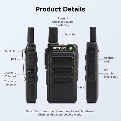 Retevis RT19 Walkie Talkie - Long Range 2 Way Radio with Earpiece & Mic | Compact Mini Design for Outdoor Use (4 Pack)