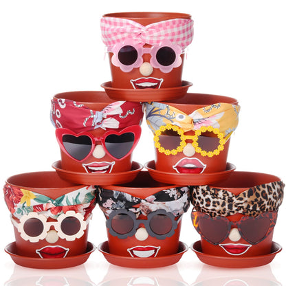 SiliFine 6 Sets Funny Plastic Pots for Crafts Lady Face Flowerpots Include 6.6 Inch Planters Hair Band Decorative Glasses Wood Particle Lip Stickers Glue Points for DIY Crafts Garden Decor