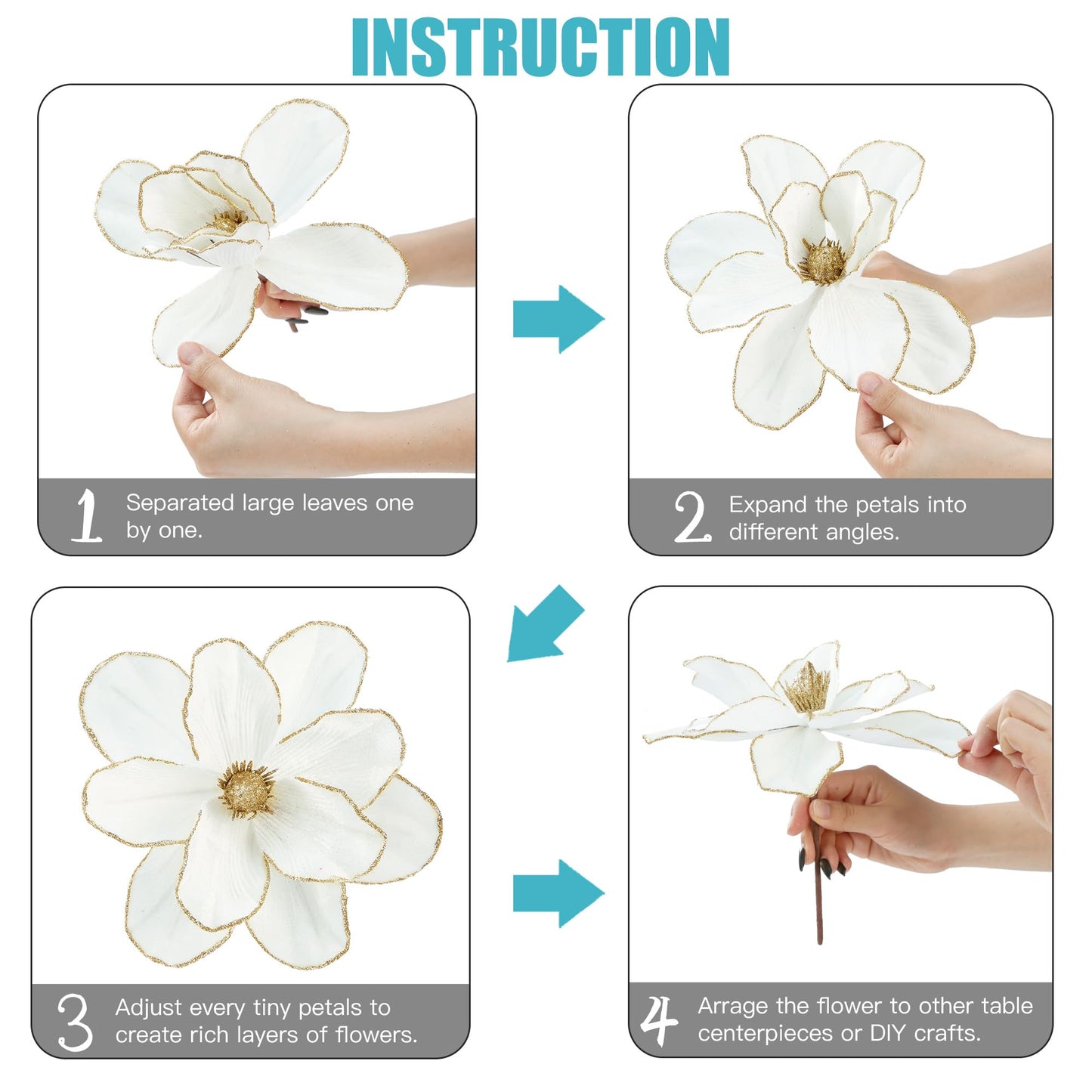 Sggvecsy 10Pcs Christmas Glitter Flowers Velvet Magnolia Flower Christmas Tree Ornaments Artificial Poinsettia Floral Picks for Xmas Wedding DIY Crafts Wreath Party Floral Decorations(White)