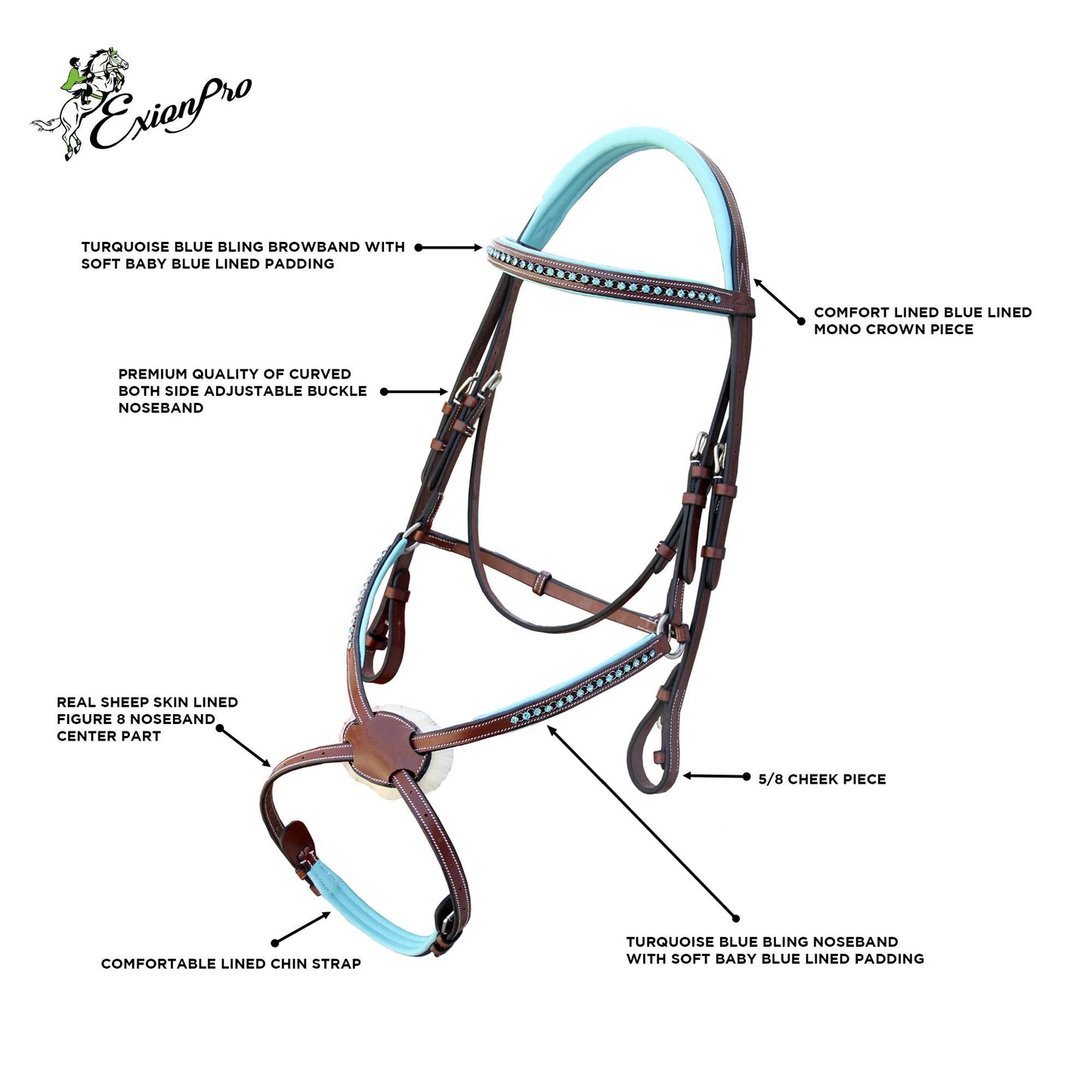 Exion Soft Lined with Blue Bling Figure 8 Bridle and Rubber Reins for Horses | English Figure 8 Blue Bridle