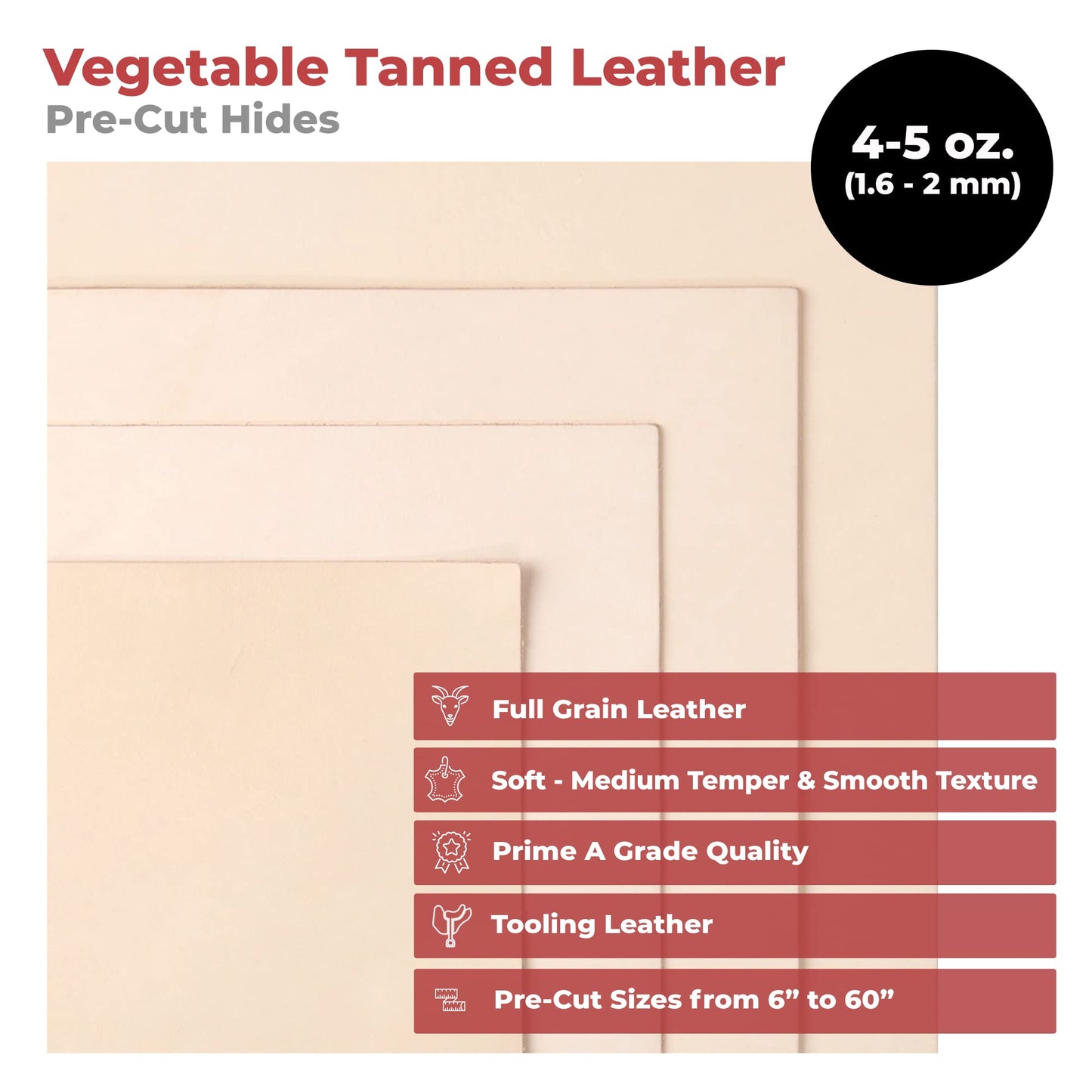 ELW Full Grain Cowhide Leather 4-5 oz [1.6-2mm] Thickness in Pre-Cut Size: 2.5-4 SQ FT, AB Grade Hide Vegetable Tanned Leather Using for Tooling, Carving, Molding, Dyeing Material for Craft, Hobby