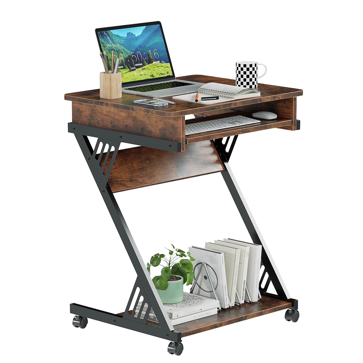 ALISENED Computer Desk for Small Spaces, 23.6" Z-Shaped Compact Study Table with Smooth Keyboard Tray with Wheels and Bottom Shelves for Home Office, Computer Cart Mobile Laptop Cart, Rustic Brown