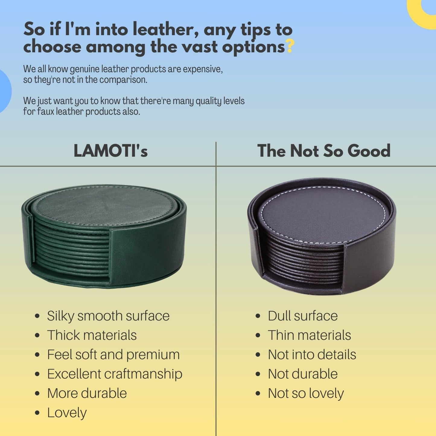 LAMOTI Leather Coasters for Drinks, 4" Drink Coasters Set of 6 with Holder for Tabletop Protection, Handmade Luxurious Home Décor and Housewarming Gift (Green)