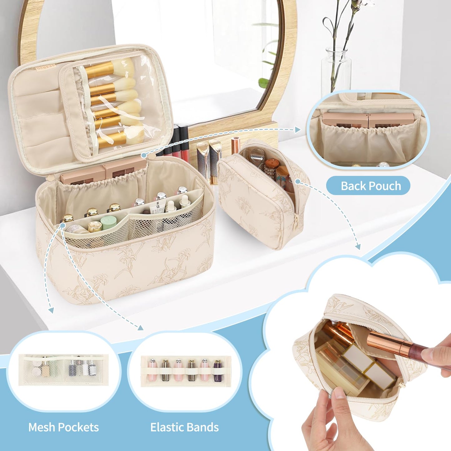 OCHEAL Makeup Bag Set, Portable Travel Makeup Bags Cosmetic Organizer Bag for Women Cute Floral Cosmetic Pouch Large Capacity Make up Bag PU Leather Toiletry Bags with Divider and Handle-Beige