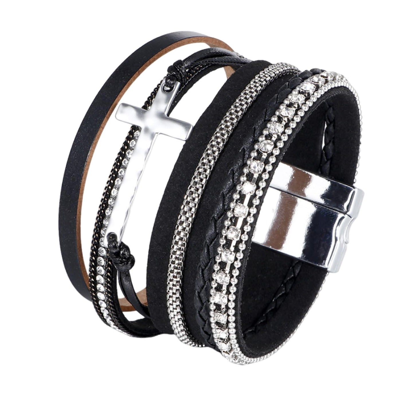 CARICY Cross Bracelets Leather Wrap Bracelets for Women Trendy Layered Clasp Bangle Cuff Stacked Bracelet Jewelry Birthday Christmas