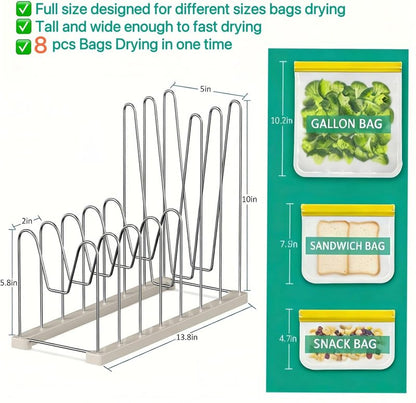 Reusable Bag Drying Rack - Silicone & Ziploc Bag Organizer | Bottle Dryer for Gloves, Glasses, Pan Lids & Cutting Boards