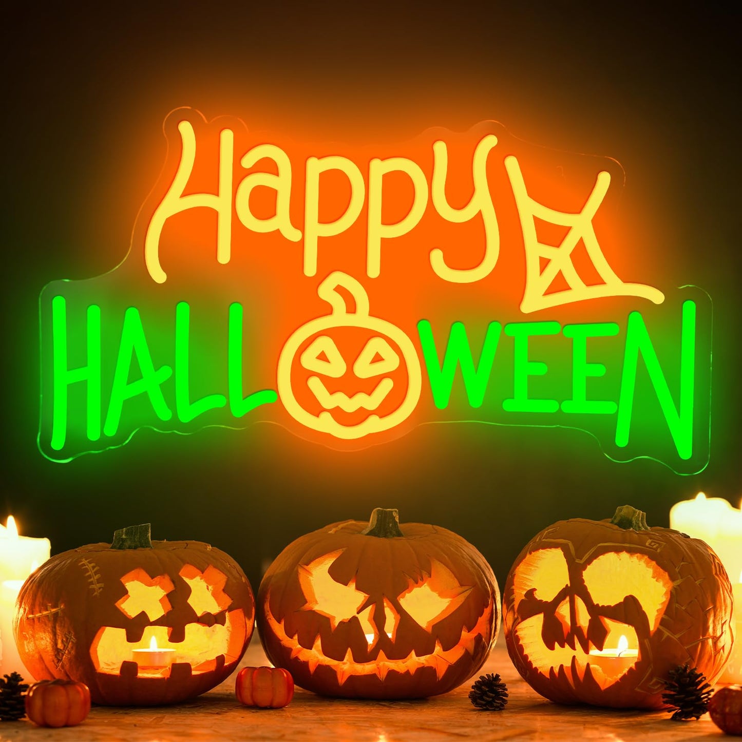 Happy Halloween Neon Sign, LED Halloween Light Up Decor Web Pumpkin Neon Signs for Wall Bedroom Home Bar Halloween Party Decor Halloween Present for Trick or Treat Party Backdrop