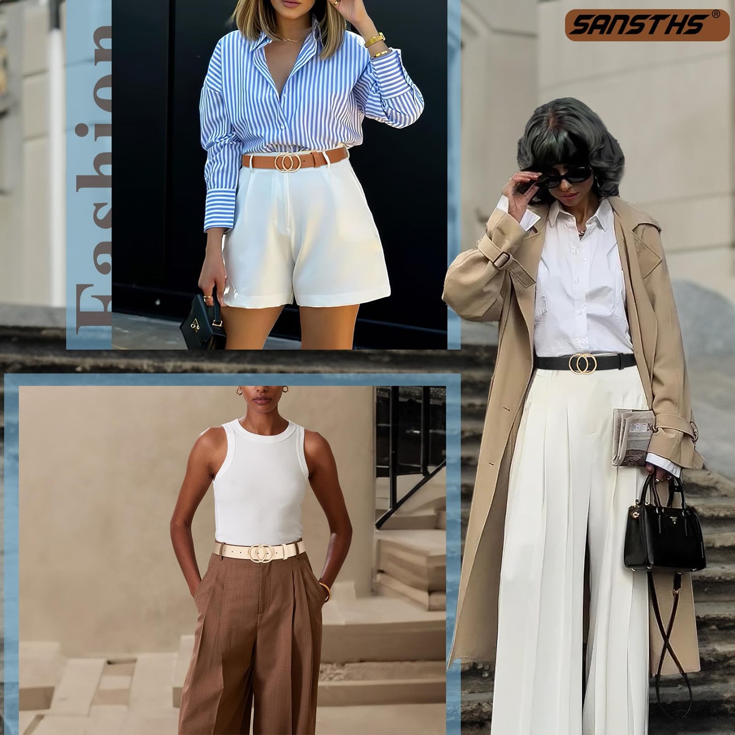 SANSTHS 3 Pack Women Waist Belts for Jeans Pants Dresses, Ladies Belt with Double O-Ring Gold Buckle, Black+Brown+Beige L
