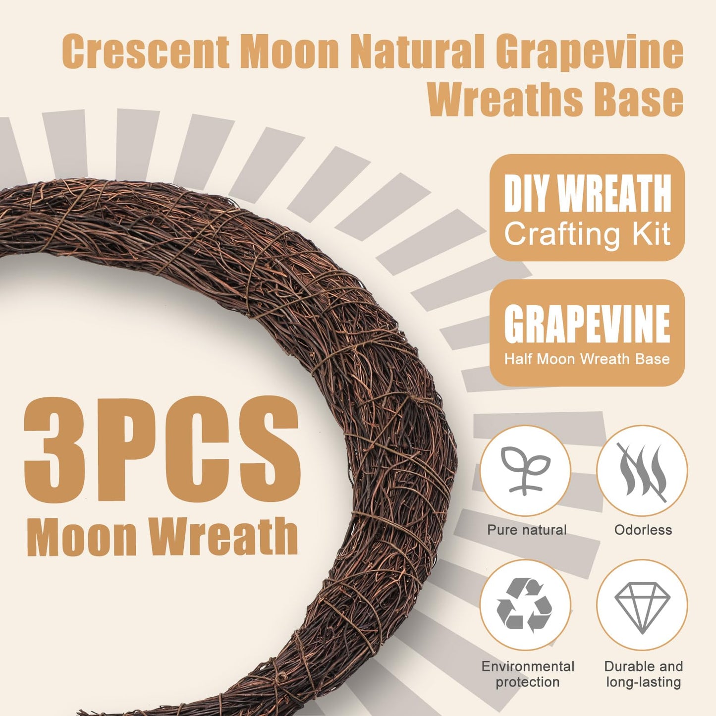 Temfmy Moon Wreath - 14 Inch Crescent Moon Natural Grapevine Wreaths Base - DIY Half Moon Shaped Wreath Making Supplies for Decor - 3 Pack