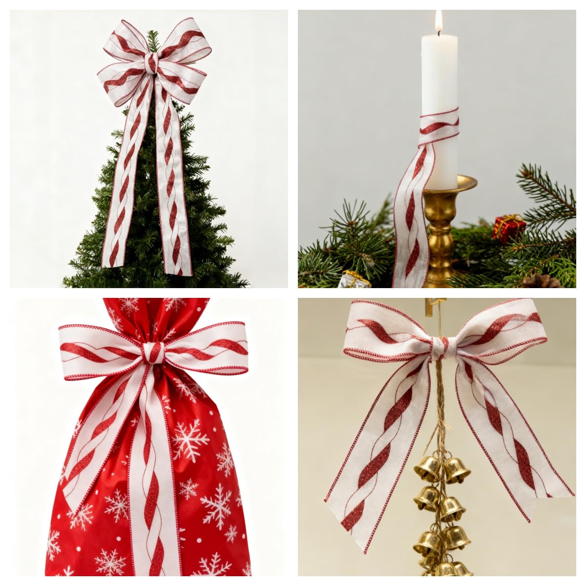 Meseey 2.5 Inch Christmas Wired Ribbon 6 Rolls 30 Yards Red White Candy Cane Glitter Stripe & Lime Green Holiday Ribbon for Tree Topper, Gift Wrapping, Wreaths, Garlands, Home Decor, Party Decorations