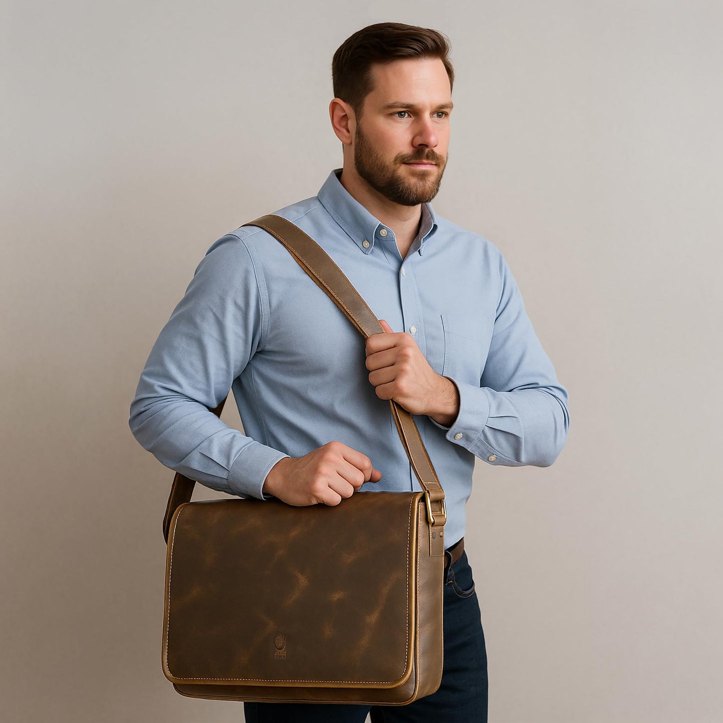 RUSTIC TOWN Leather Messenger Bag for Men Women - Full Grain Leather Laptop Satchel Office Shoulder Bag (16-Inch, Brown)
