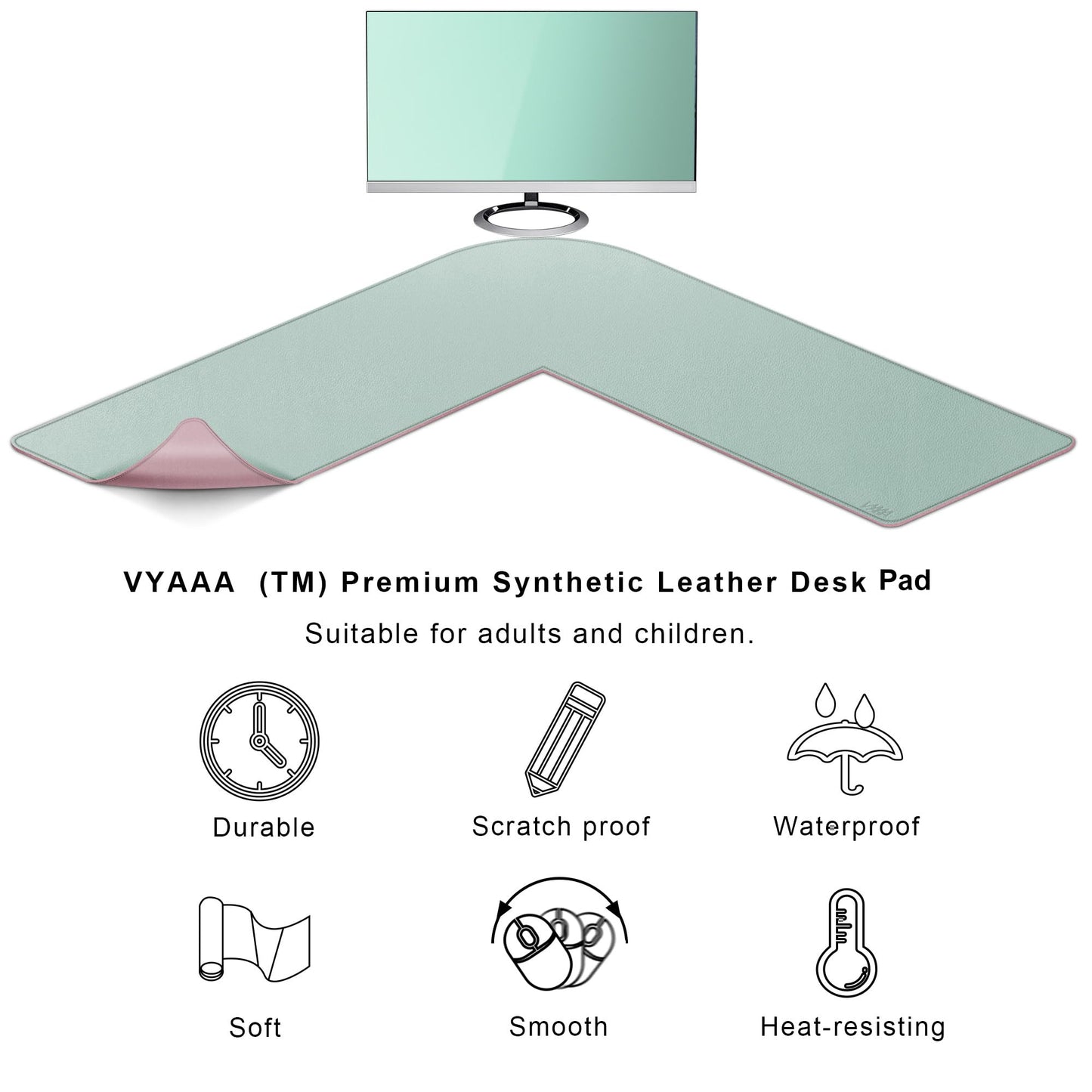 Vyaaa L-Shaped Leather Desk Pad, Two Tone Gaming Mouse Pad for Corner Desk Mat, Office and Home, 43 x 43 x 15.7 Inch, Pink and Green