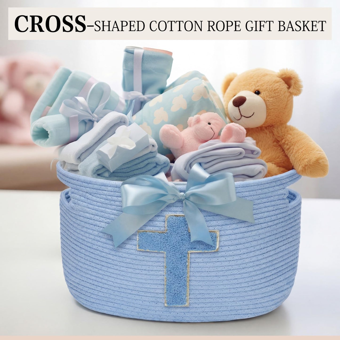 Sliner Christian Gifts Basket with Handles, Christian Cross Design Cotton Rope Basket Gifts Stuffers Storage for Christenings Religious Christmas Occasions, 15 x 10 x 9 Inch(Blue)