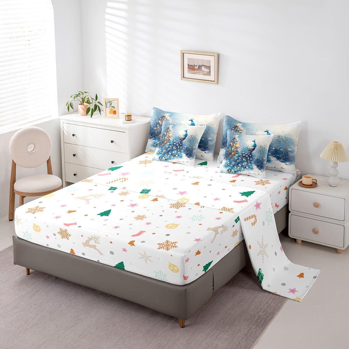 Manfei Xmas Peacock 7 Pieces Comforter Set Full,Wildlife Animal Snow Winter Bedding Set for Bedroom Decor,Merry Christmas（Comforter+Fitted+Flat Sheet+2 Pillowcases+2 Throw Pillow Covers）