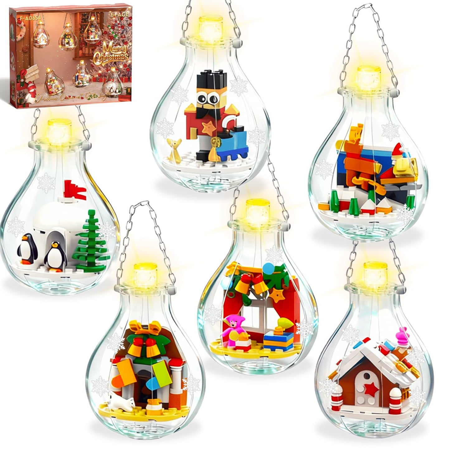 6 Pack Christmas Tree Bulb Ornament with Light Building Set, Including Gingerbread House, Penguin House, Christmas House, Fireplace, Nutcracker, Reindeer, Stocking Stuffer Toy Gifts for Kids.(405PCS)