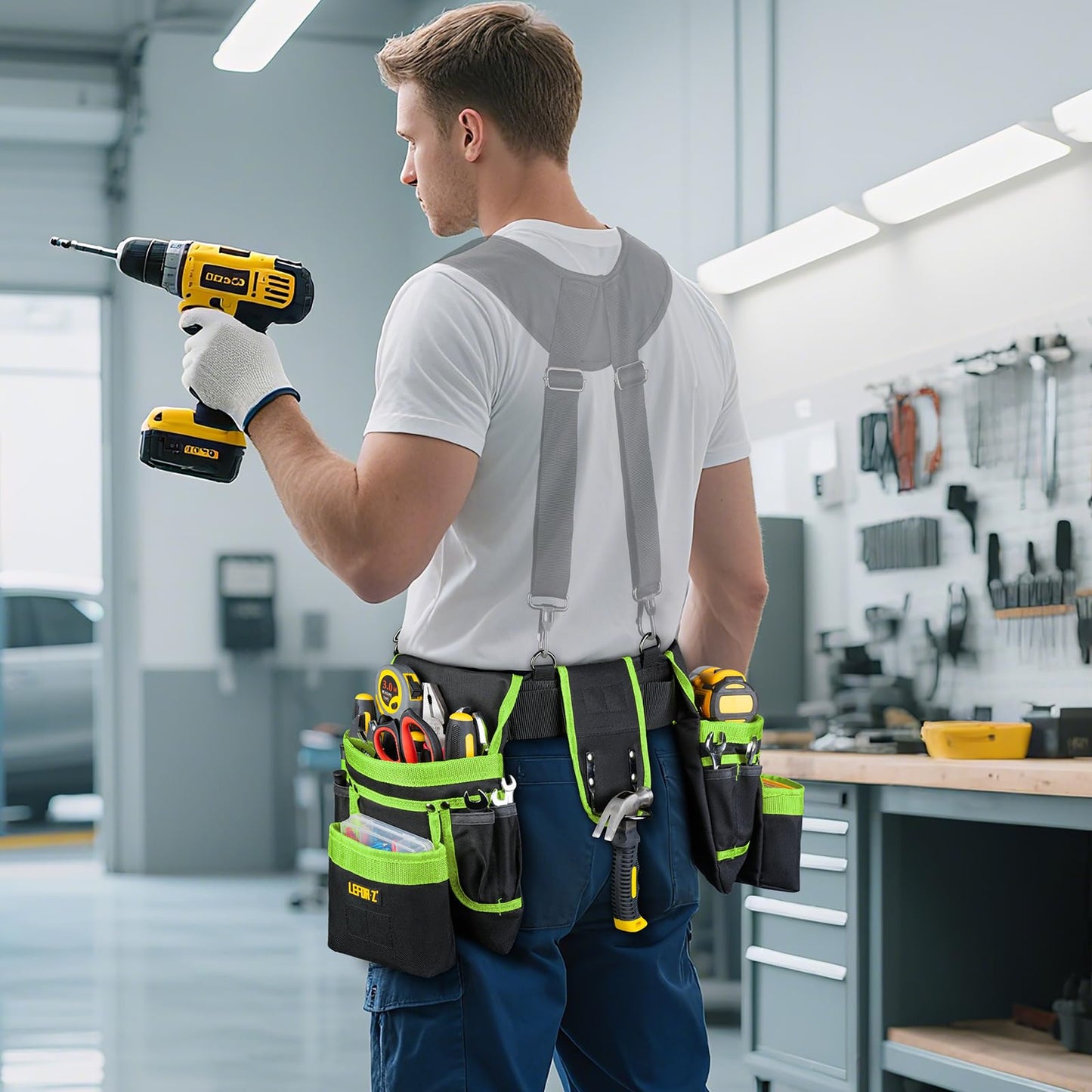 Tool Belt,Magnetic Tool Pouch,27-Pockets Heavy Duty Tool Belts for Men,Detachable Tool Pouch Bag for Electrician,Carpenter,Construction,Work Apron,Utility Belt,Valentines Day Gifts for Men,Black,Green