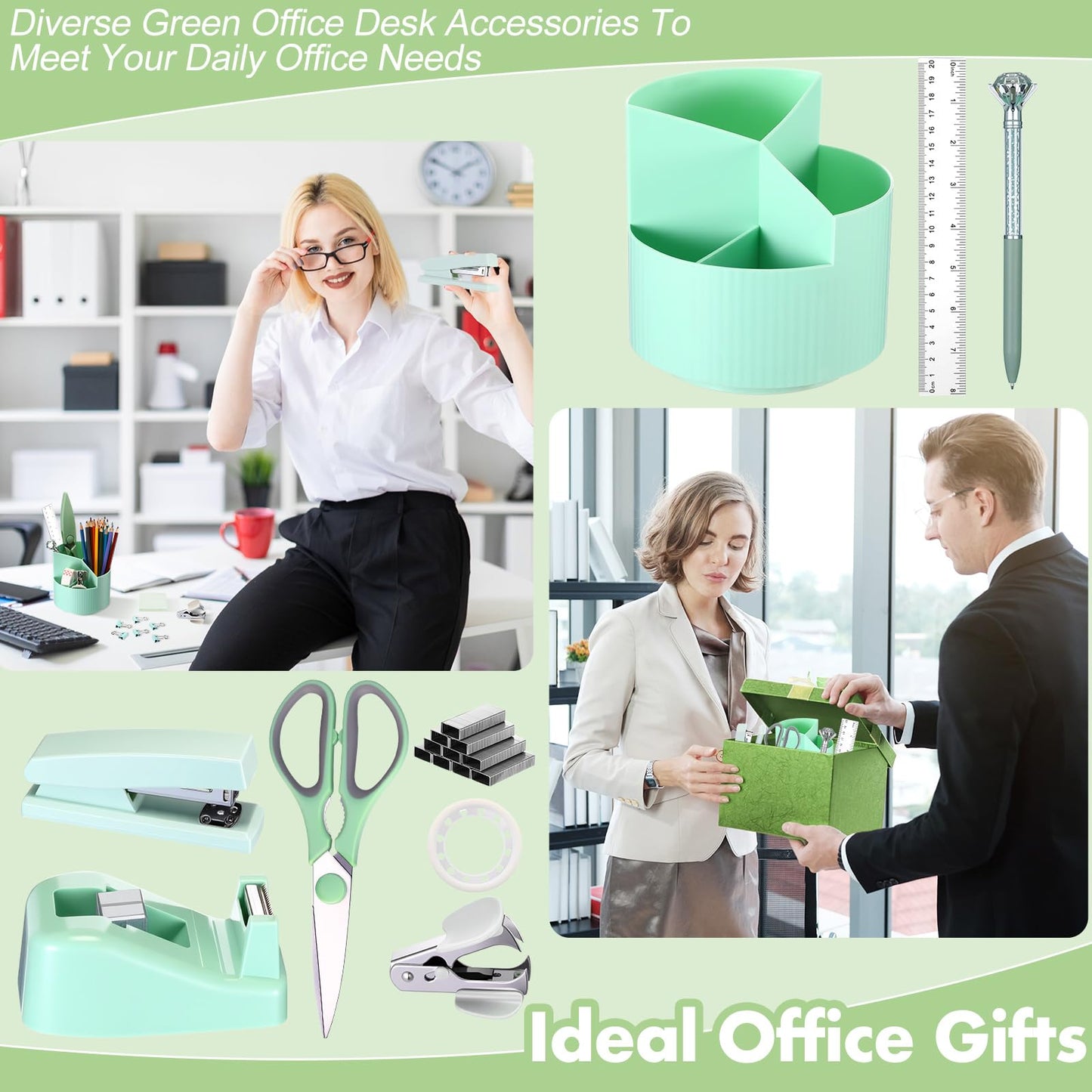 Marspark Sage Green Office Desk Accessories 12 Pcs Office Supplies Set 360° Rotating Pen Holder, Stapler, Tape Dispenser, Scissor, Sticky Notes, Binder Clips, Desk Organizers Gift for Home School