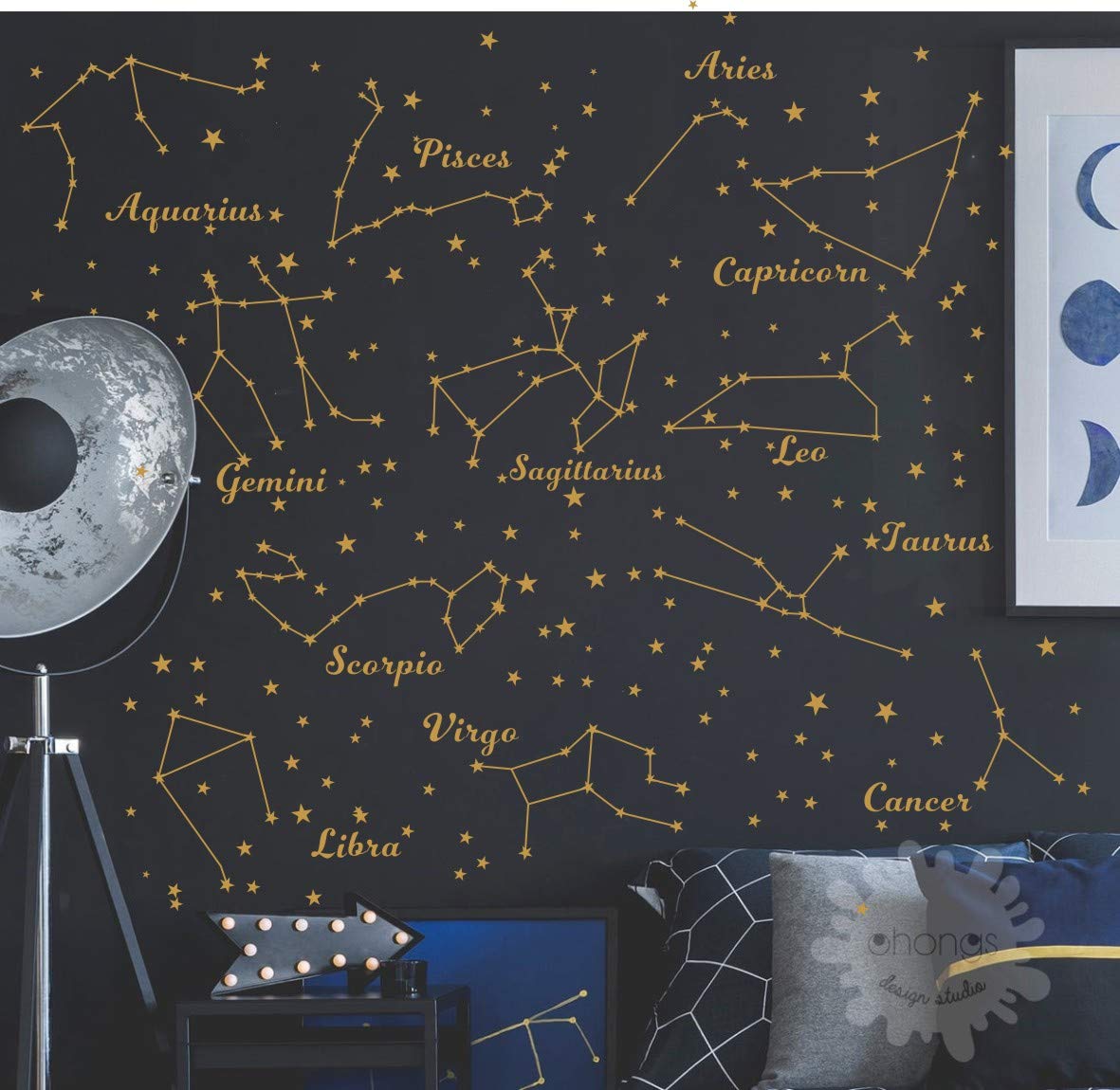 Constellation Wall Decal Twelve Constellations Stars Wall Stickers for Nursery Room Zodiac Astronomy Art Mural Kids Room Stars Decoration AM117 (Gold)