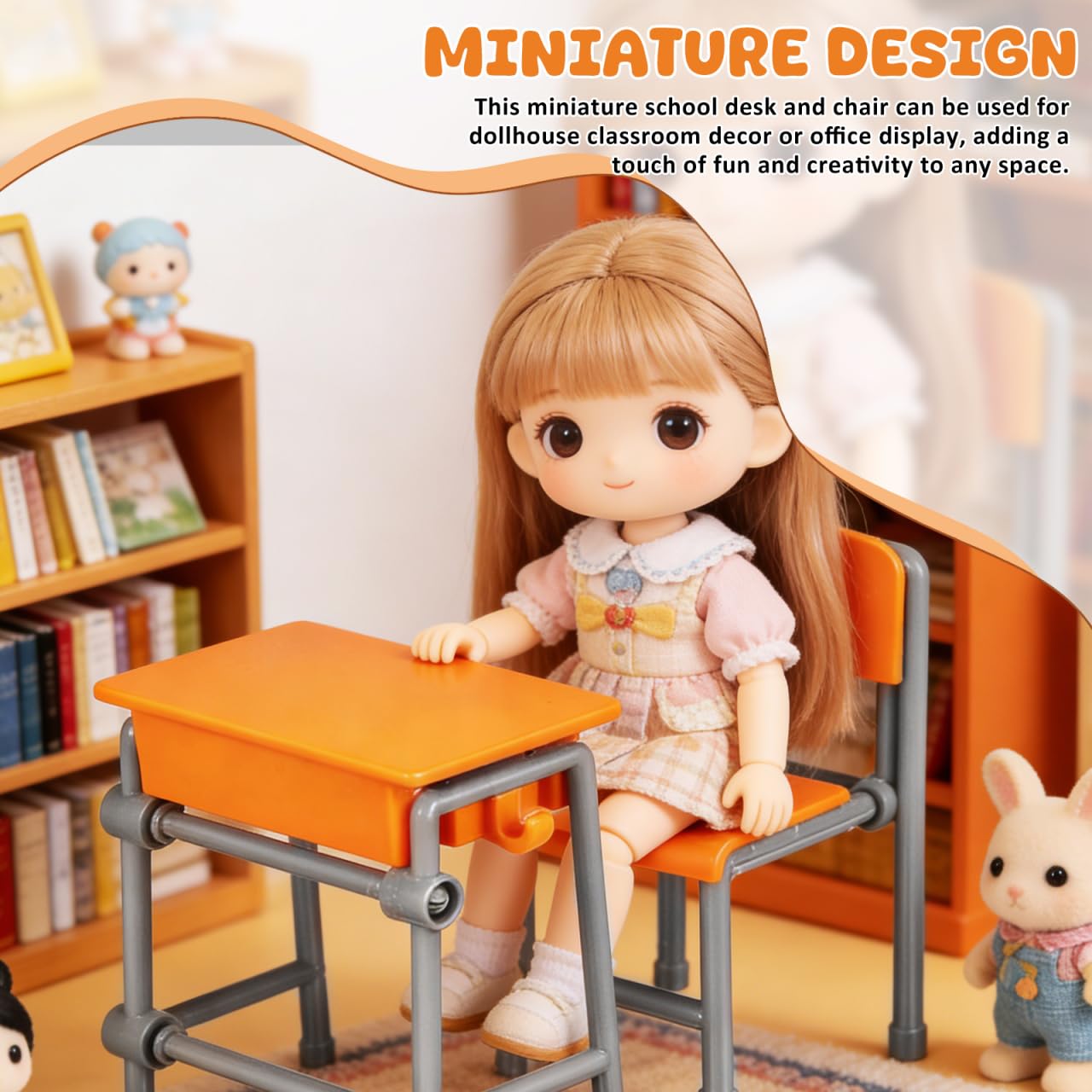Housoutil 4sets Miniature School Furniture Set, Dollhouse Desk and Chair Play Modern, Realistic Miniature School Supplies for Dollhouse Decor and Pretend Play