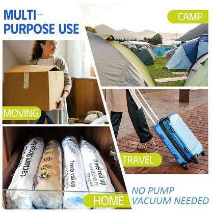12 Pack Compression Bags, Travel Roll Up Reusable Travel Space Saver Vacuum Storage Bags for Luggage, Camping, and Storage (No Vacuum or Pump Needed).