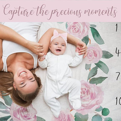 Baby Monthly Milestone Blanket for Baby Girl, Newborn Age Months Blanket Photo Prop with Growth Chart, Floral Wreath & Headband