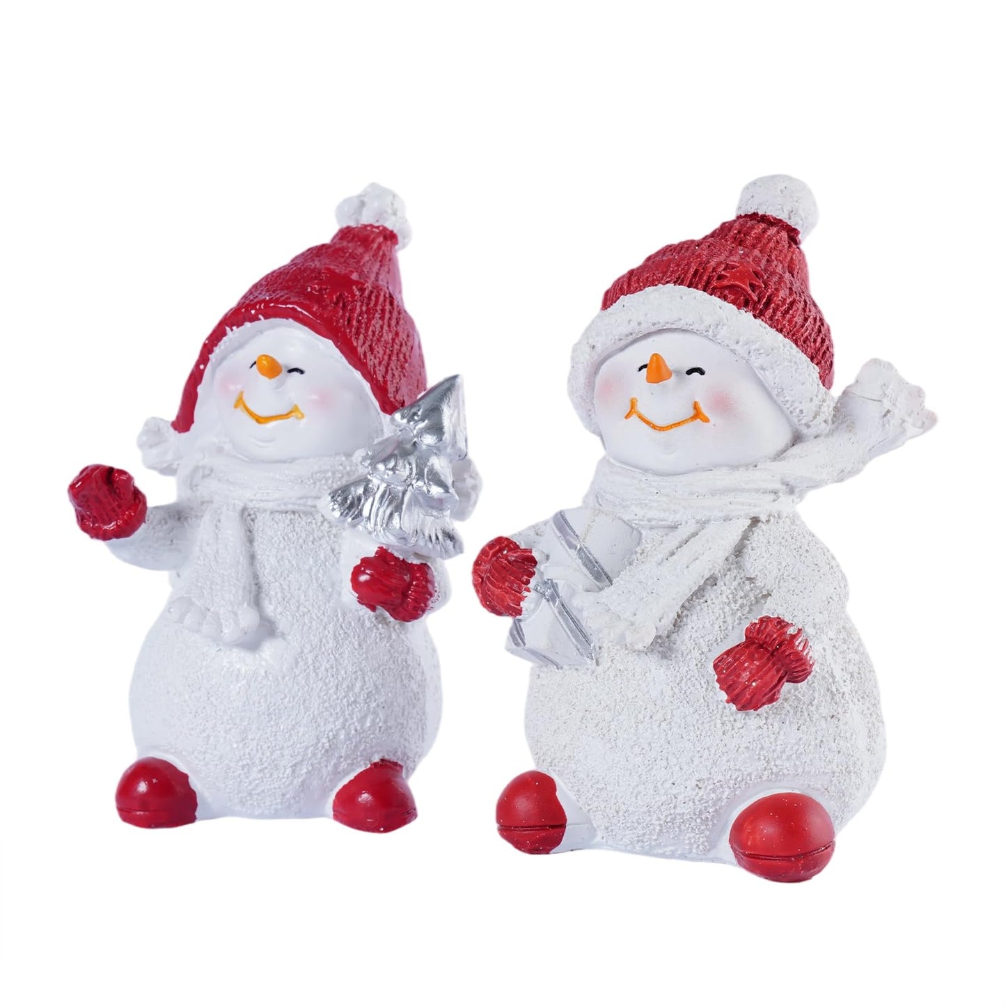 Brizoria Snowman Figurines Set of 2 White Resin Christmas Decorations with Red Accents Winter Mantel Decor and Holiday Centerpieces for Table Home Indoor Tiered Tray Room Display