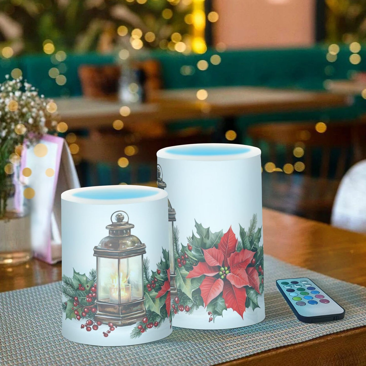ALAZA Christmas Lantern Red Bird Poinsettia Flowers Flickering Flameless Candles Battery Operated with Remote Timer,Tea Light Candles LED Pillar Votive Candles Set of 2 for Outdoor Indoor Decorations
