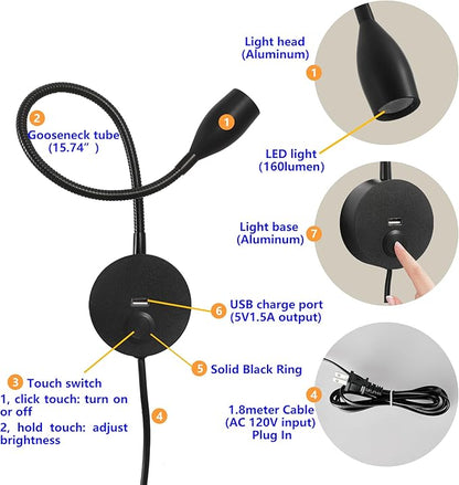 Dimmable Reading Light Plug in Wall Mounted Bedside Headboard Reading Light Task Directional Gooseneck LED Light 3W Output (Black, 120V Plug in, Warm White)