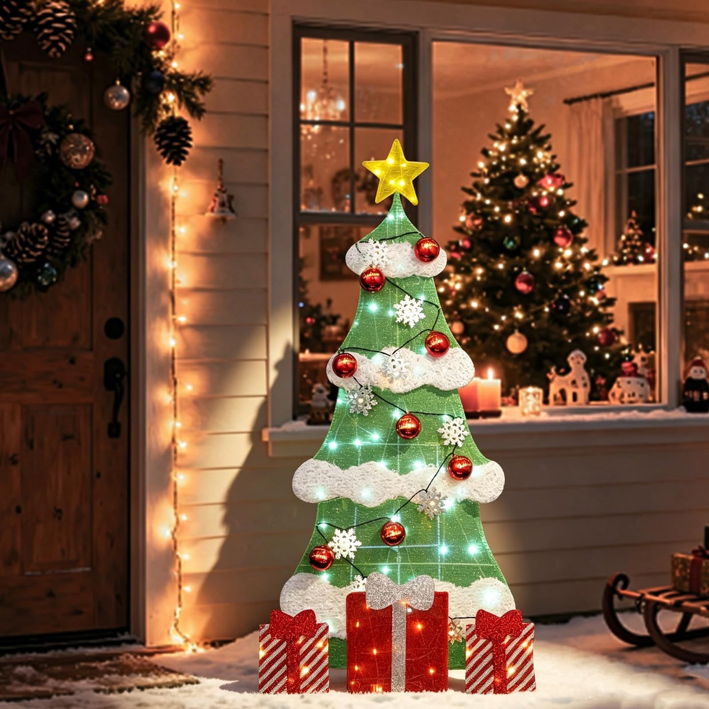 3ft 2D Christmas Tree Outdoor Decorations with 100 Twinkling LED Lights, 8 Light Modes, Large Holiday Yard Ornament for Patio, Lawn, Home（Sphere+Snowflake）