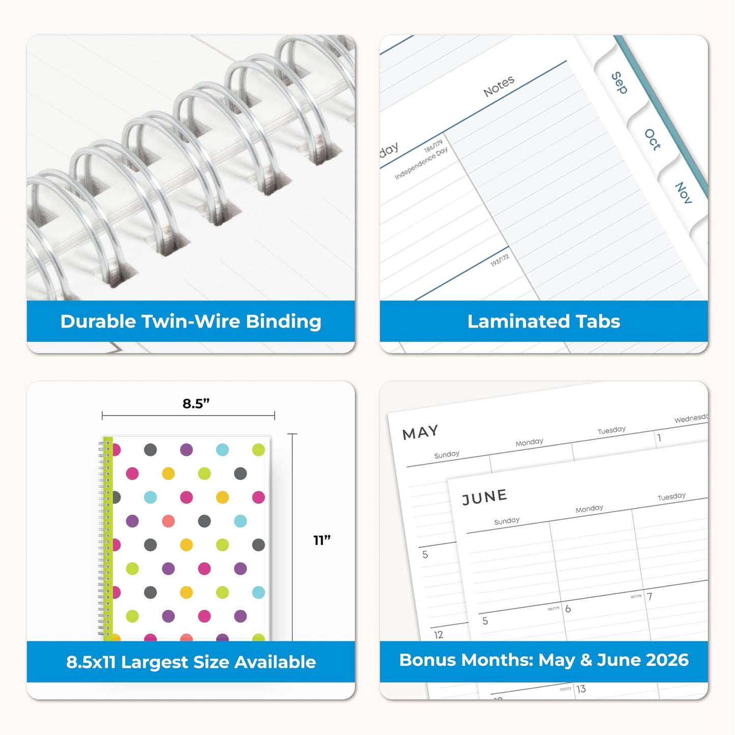 Blue Sky 2026-2027 Weekly and Monthly Academic Year Teacher Lesson Planner Calendar, July 2026 - June 2027, 8.5" x 11", Clear Pocket Cover, Wirebound, Laminated Tabs, Storage Pocket, Dots