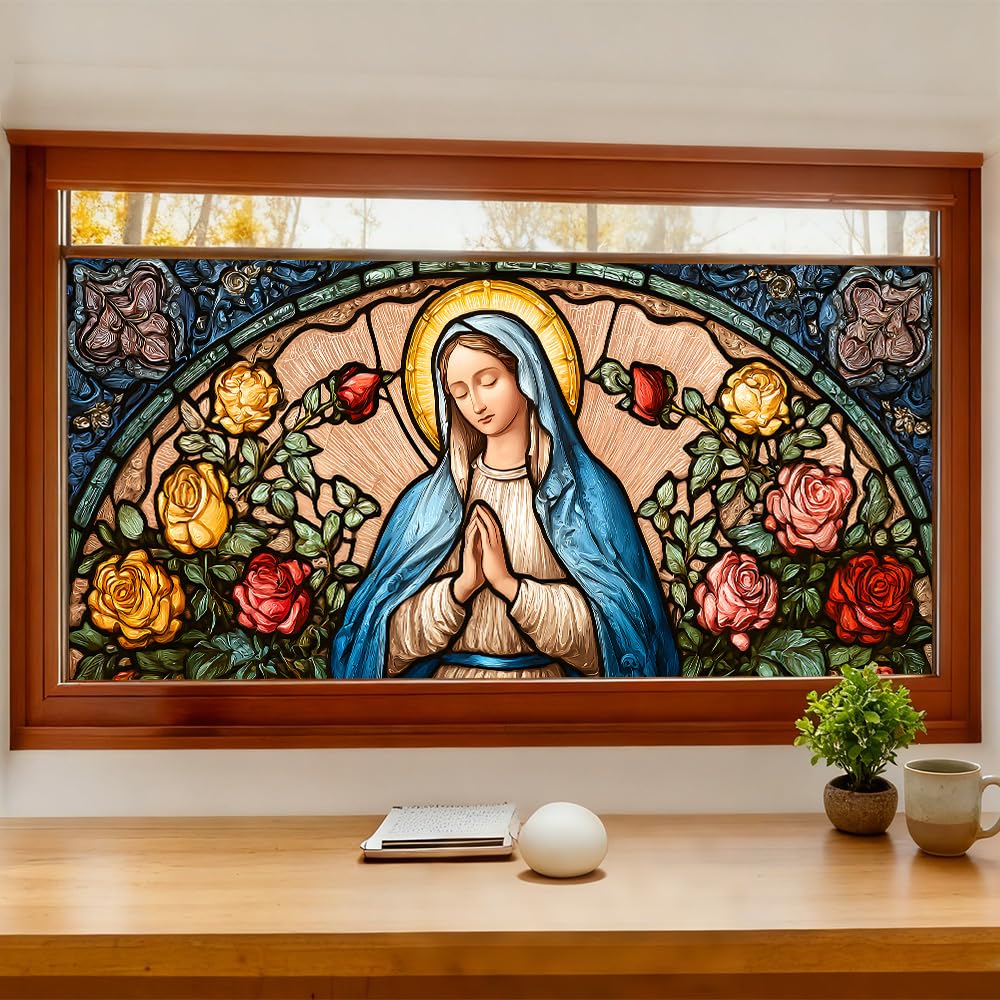 WDESYADMS Window Privacy Film 39x17 Inch Stained Glass Virgin Mary and Roses Design Peel and Stick Static Cling Decorative Window Film for Living Room Bedroom Glass Door