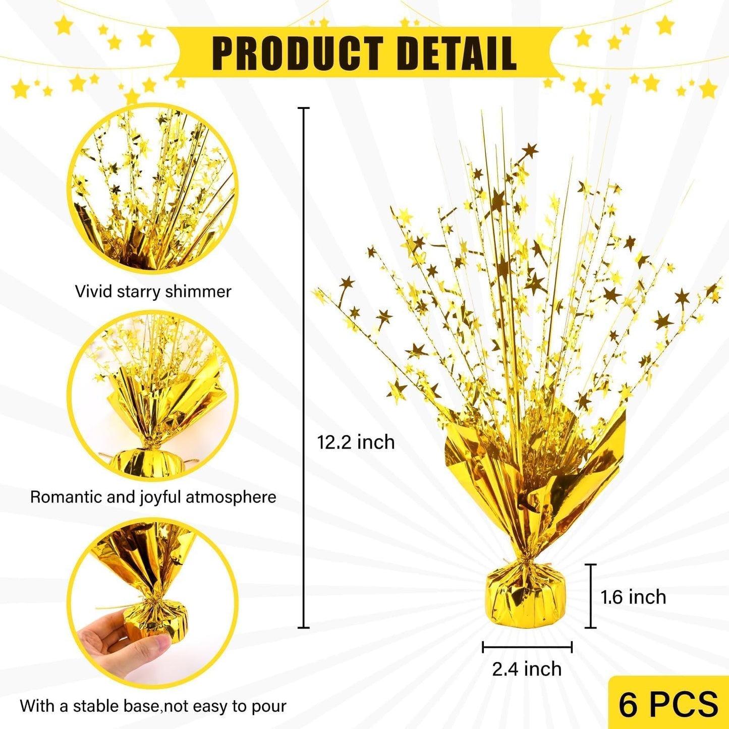 6 Pcs Metallic Foil Spray Centerpiece Star Party Table Decorations, Burst Gold Centerpieces for Table Birthday Party Event Wedding Graduation Anniversary Class Reunion (Gold)