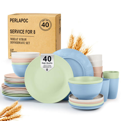 Wheat Straw Dinnerware Set 40-Piece Service for 8 Unbreakable Dishes Set Plates and Bowls Sets Drinking Glasses Microwave Safe Dish Set Lightweight Dinnerware Set for Home & Kitchen - Yellow
