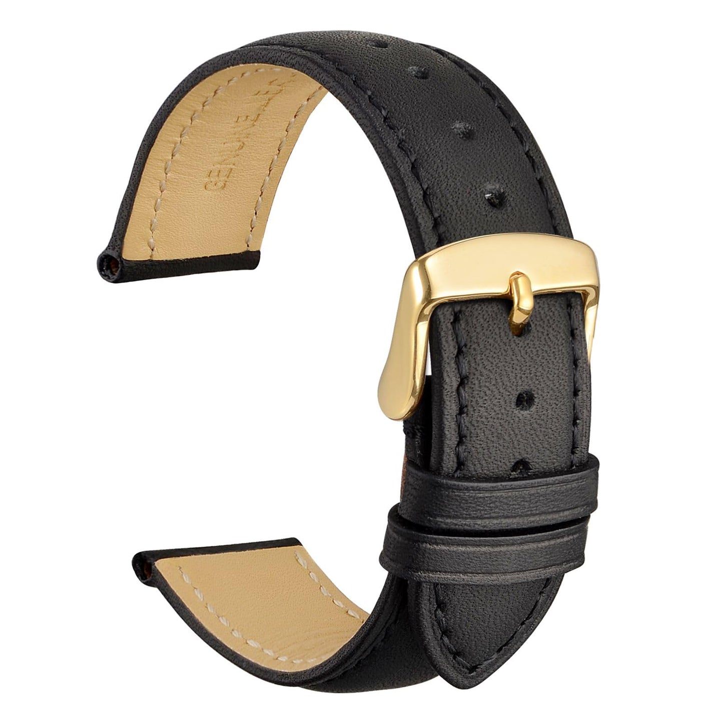 WOCCI 23mm Vintage Leather Watch Band for Men and Women, Gold Buckle (Black)
