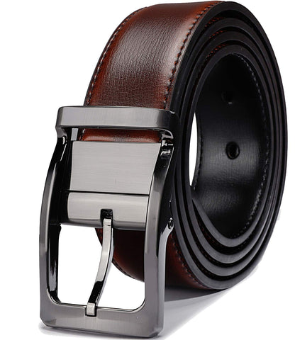 Belts for Men Reversible Leather 1.25” Waist Strap Fashion Dress Buckle Beltox (Rectangle Rotated Buckle with Burnt Umber/Black Belt, 28-30)