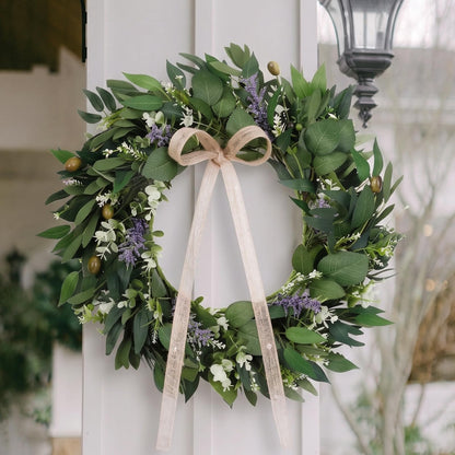 Ovveroche 22Inch Summer Eucalyptus Wreath for Front Door Greenery Wreath Door with Olive Boxwood Leaves Bow for Spring Summer All Season Outdoor Home Decor