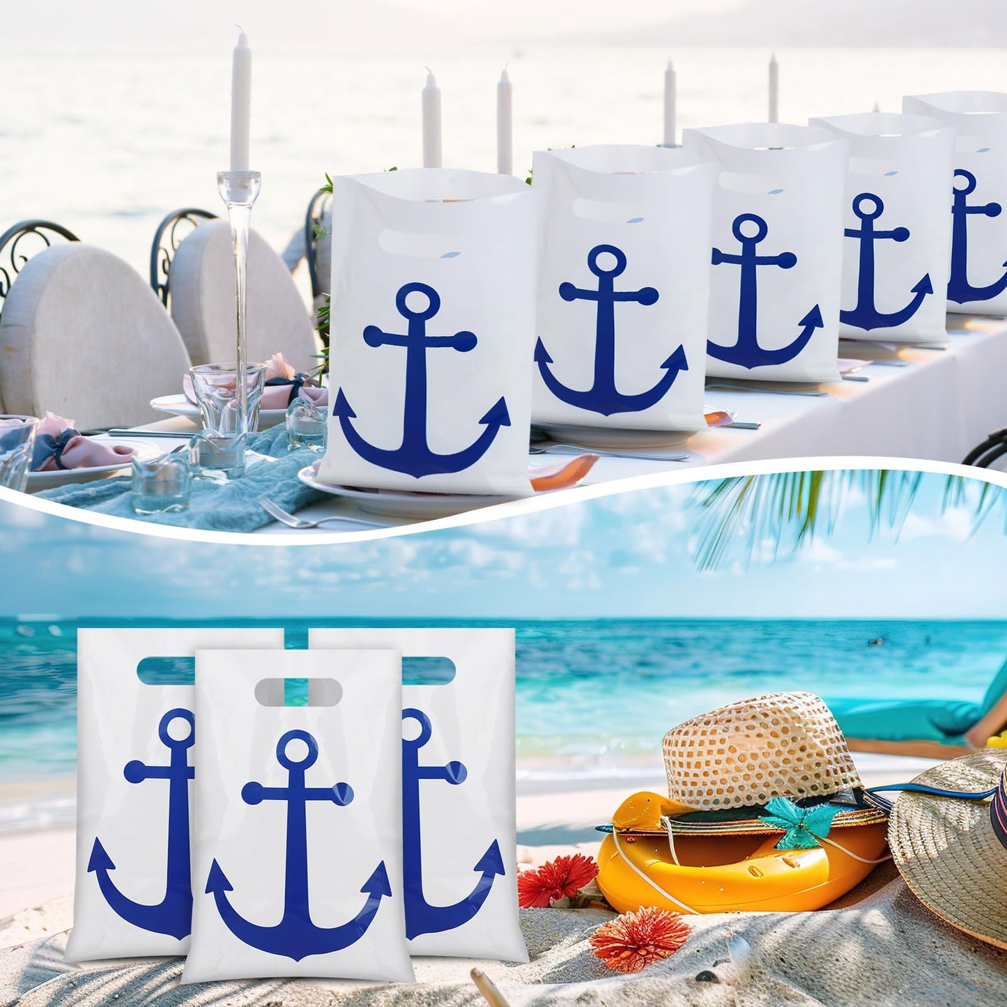 Supervitae 50 Pcs Nautical Anchors Plastic Goody Bags Summer Nautical Party Gift Bags with Handles for Cruise Birthday Wedding Beach Theme Parties Supplies Favors Decor