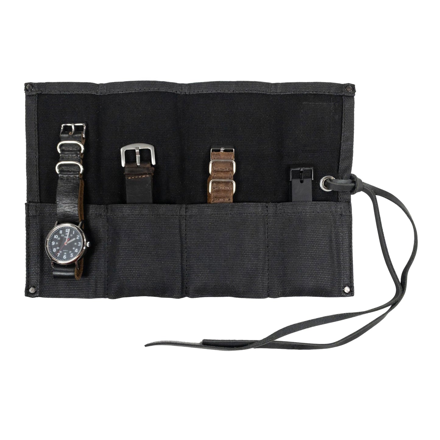 Hide & Drink, Waterproof Waxed Canvas Travel Watch Roll Organizer with 4 Slots, Easy Carry On Watchlover Storage, Handmade Travel Case, Charcoal Black