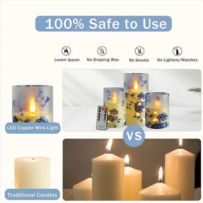 Flameless Candles with String Lights - Set of 3 Chinoiserie Battery Operated Candle Flickering Floral LED Pillar Candles with Timer Remote for Home Decor Romantic Ambiance