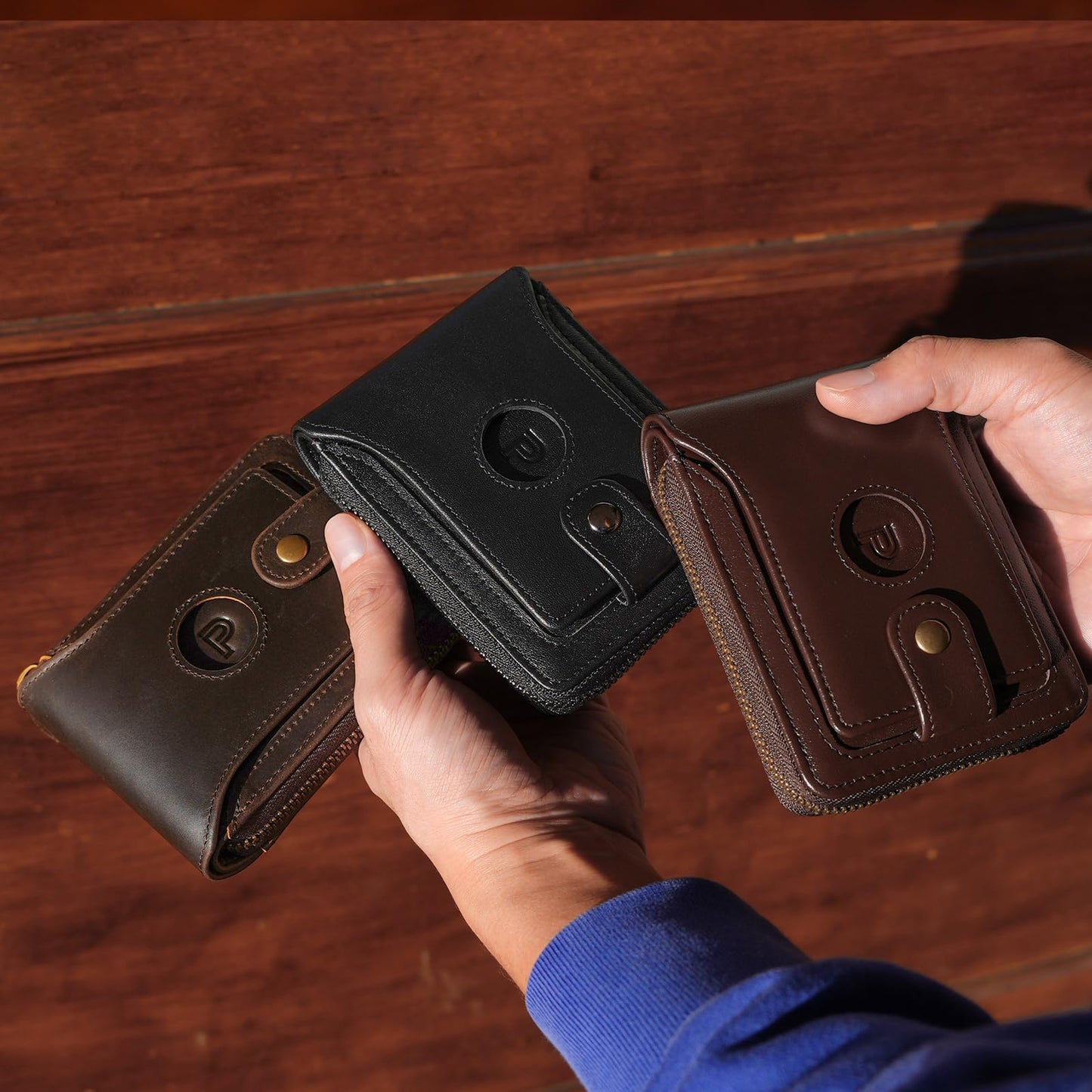 Polare Full Grain Leather Wallet for Men Bifold RFID Blocking Cash Credit Card Case with Air Tag Slot and YKK Zip Coin Pocket (Dark Brown with AirTag Slot)