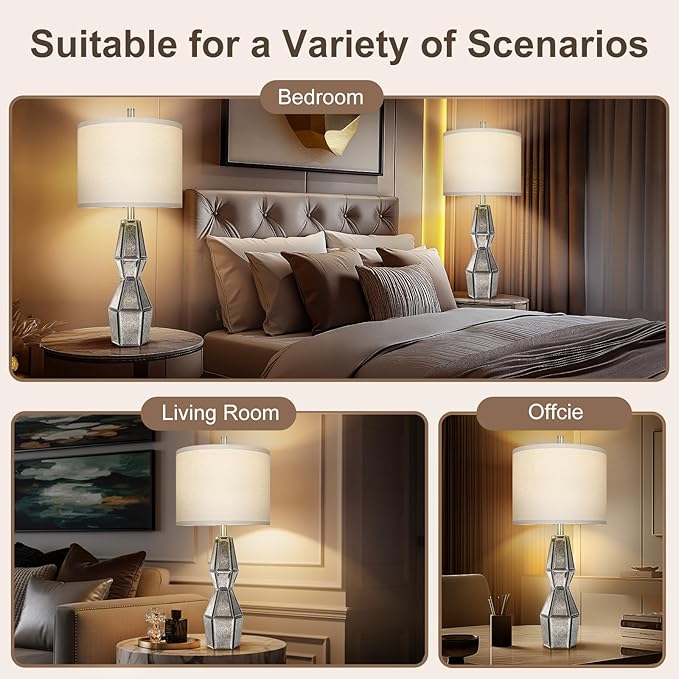 28" Vintage Table Lamps for Bedroom,Antique Bedside Lamp for Living Room with USB A+C Ports,Glass Table Lamps with Linen Shade,3-Way Dimmable Bulb,Nightstand Lamp for Home Hotel Decor(Bulb Included)
