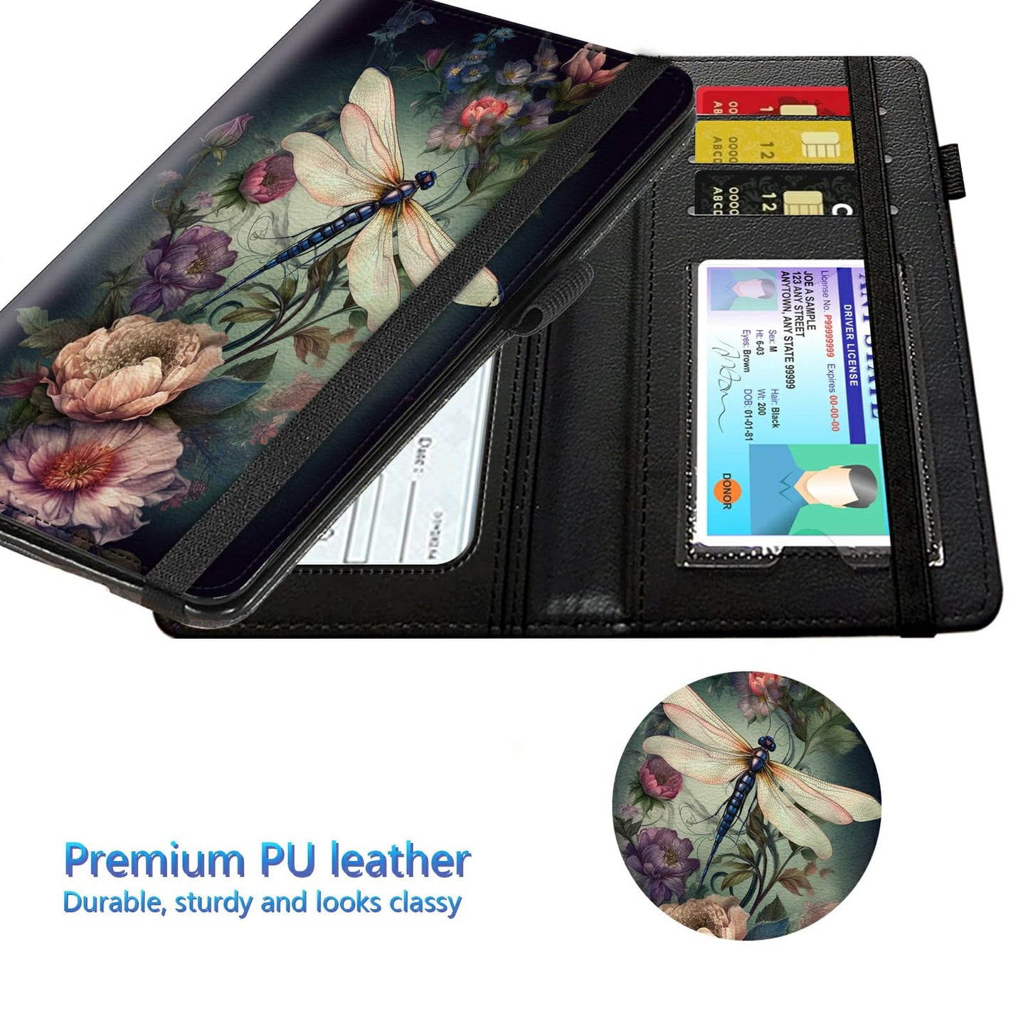 BREIDMKFM Leather RFID Check Book Cover with Credit Card Slots, Personal Duplicate Checks Holder with Pen Holder, Dragonfly Peony