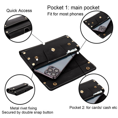 Topstache Leather Phone Holster with Belt Loop,Two Pockets Cell Phone Pouch, Leather Card Holder,Wallet for Cash and Phone, Phone Holder for iPhone 13 Pro Max,13 Pro,Black