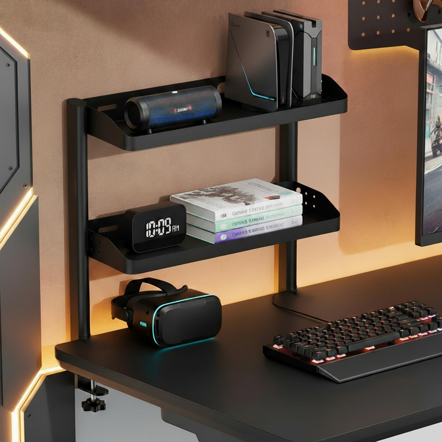 Clamp on Desk Shelf, 17in 2-Tier Office Desk Shelves Organizer, Small Shelf for Top of Desk with Headphone Holder and Hooks, Desktop Storage Rack for Home Workspace, Study Rooms, Gaming Accessories